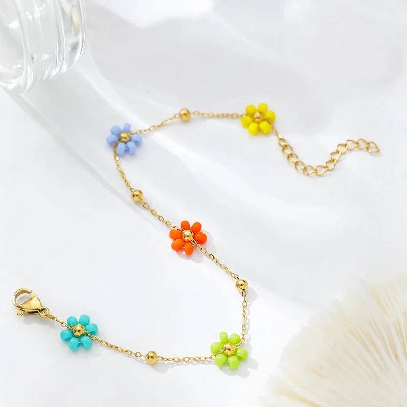 Sweet Multicolor Small Flower Charm Bracelet For Women Korean Summer Flower Gold Chain Small Gold Color Ball Adjustable Bracelet