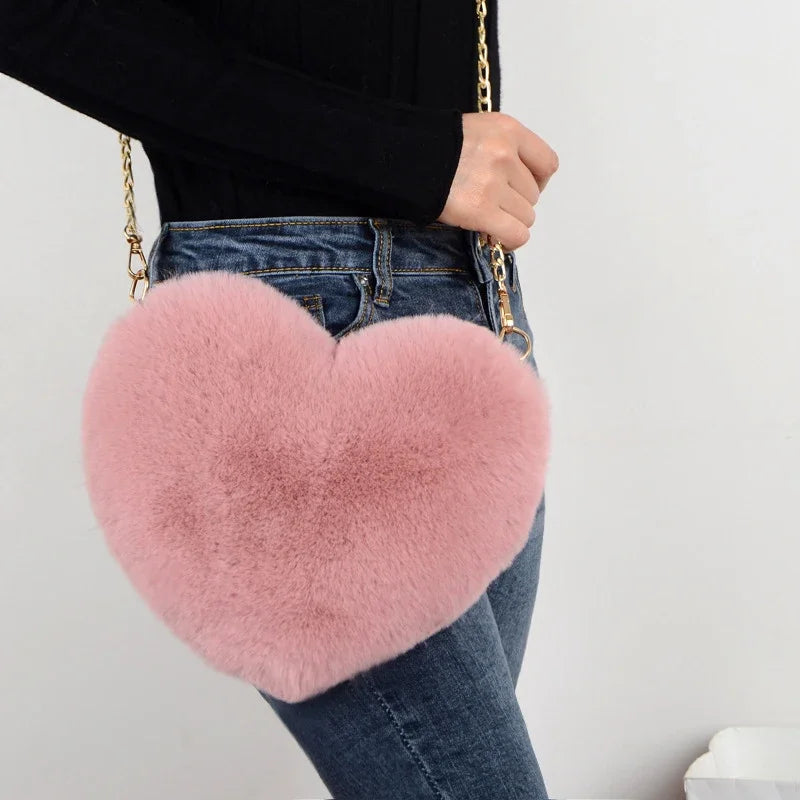 Hemasa Heart Shaped Handbags/ Cute Faux Fur Crossbody Bags/  Lady Soft Plush Chain Shoulder Bag
