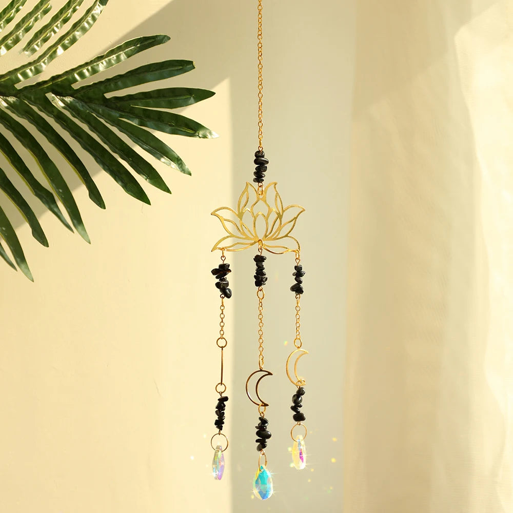 Hemasa Crystal Suncatcher Lotus Moon Black Stone Hanging Window Decor Stained Glass Rainbow Maker Boho Home Decoration