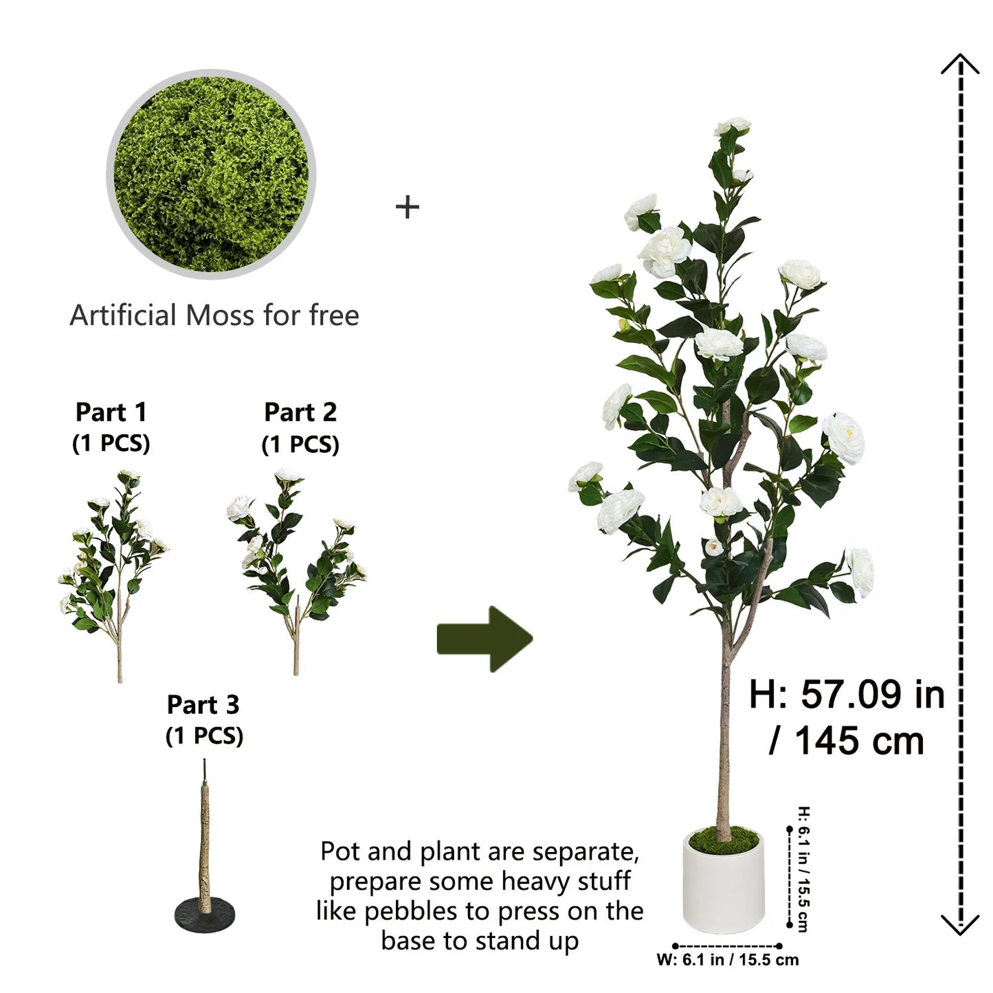 125-195CM New Artificial Camellia Tree with Plastic Pot indoor fake plant for home Living Room Office Garden Wedding Party
