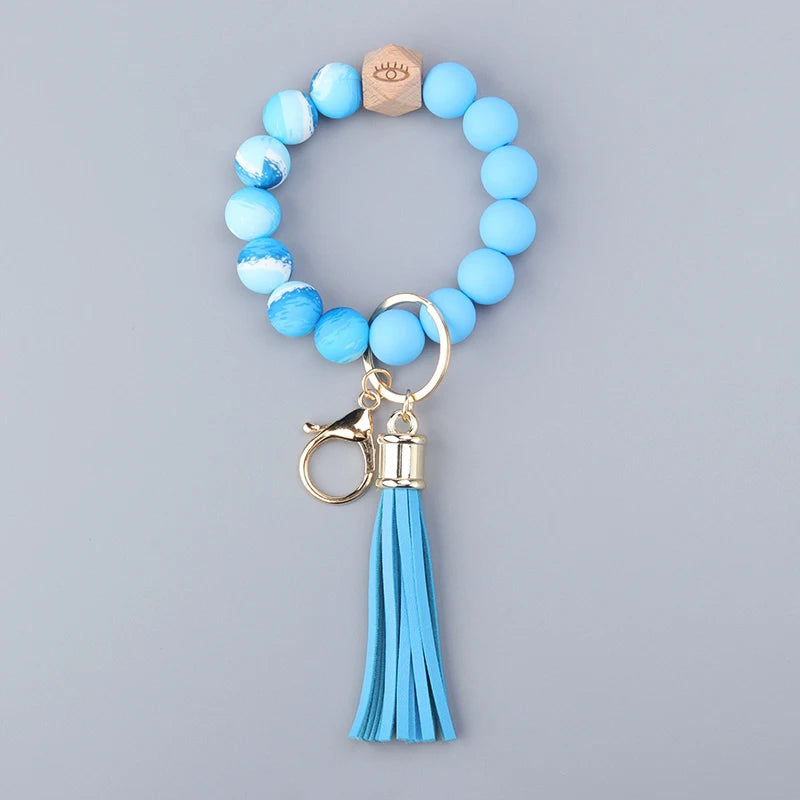 Colored Silicone Bead Bracelet PU Tassel Keychain Wristlet Bracelet Pendant Keychain Woman Man Jewelry Accessories Gifts