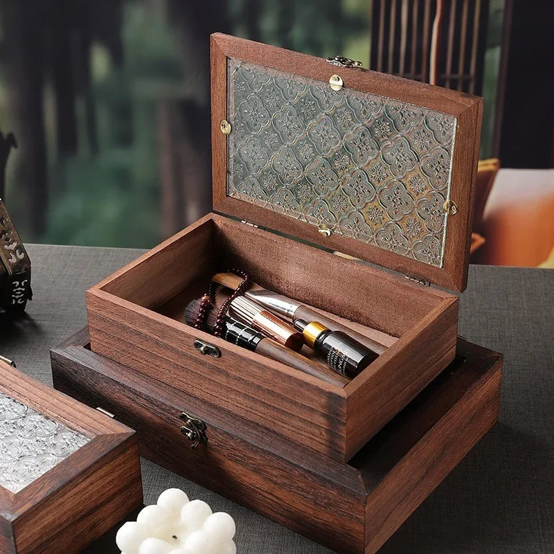 Retro Crabapple Flower Glass Covered Solid Wood Box for Home Miscellaneous Items Dried Fruit Certificates Dust-proof Storage Box