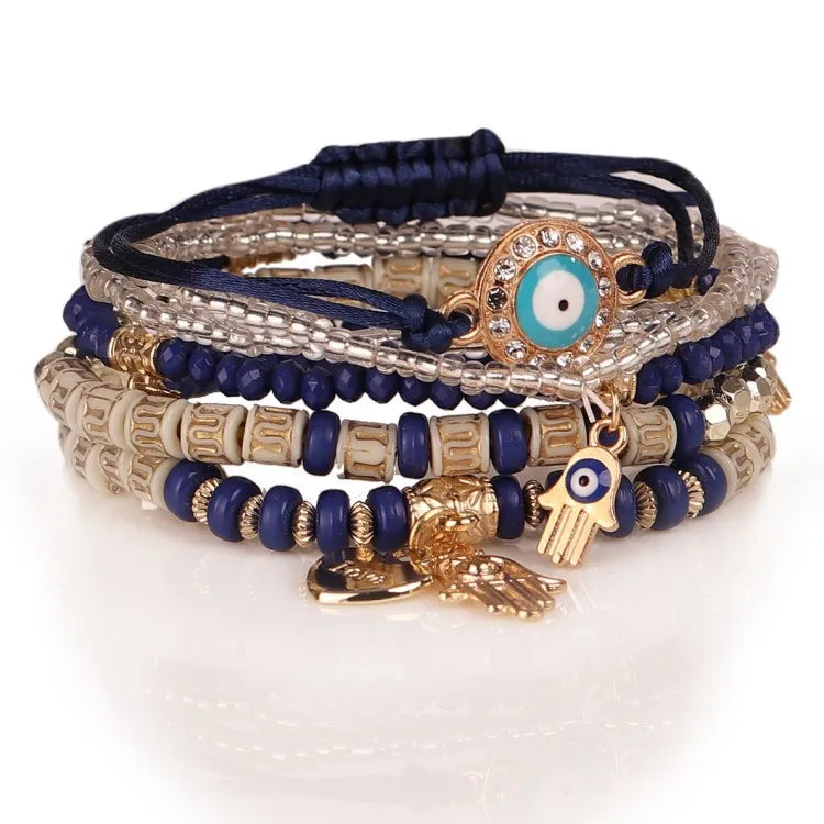 Bohemian Evil Eye Pendant Bracelet Set for Women Crystal Fatima Hand Charm Stone Beads Chain Bangle Female Bohemian Jewelry Gift