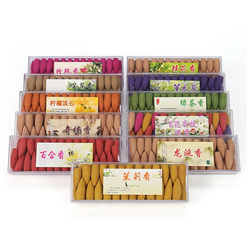 Hemasa 52pcs Colorful Incense Cones for Backflow Tower Accessories Bullet Shape Coil Incense Burner Aromatherapy Fresh Air Aroma Spice