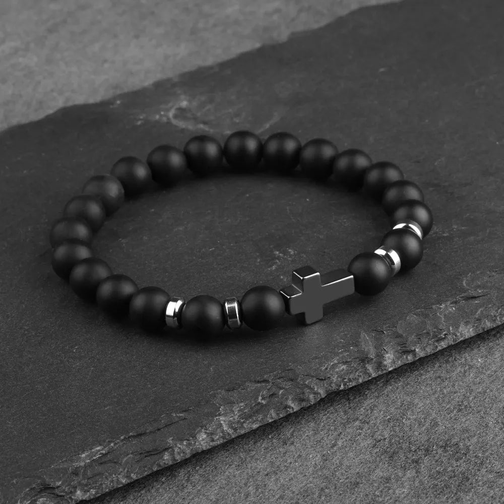 Hemasa Natural Stone Cross Bracelets Hematite Stainless Steel Cross Elastic Rope Map Lava Bead Bracelet For Men Women Charm Jewelry