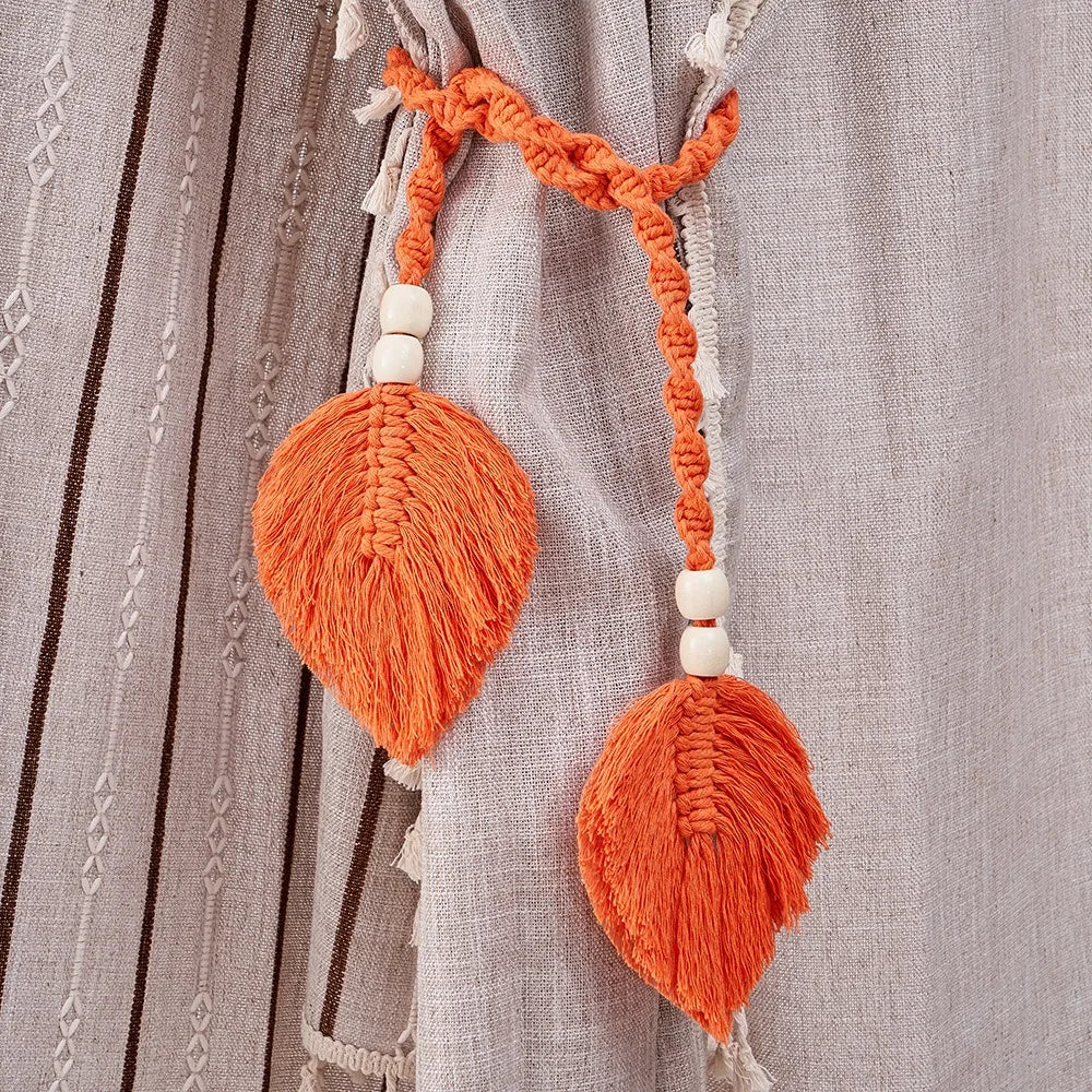 Boho Curtain Tiebacks Leaf Curtain Buckles with Wooden Bead Cotton Rope Hand-Woven Curtain Straps for Home Bedroom Decoration