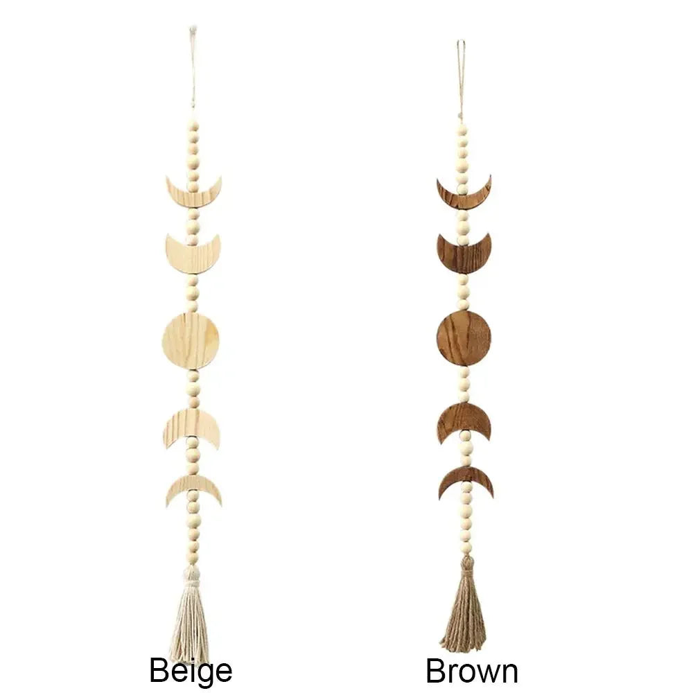 Wood Star Moon Phase Wall Hanging Garland Boho Beaded Moon Garland with Tassel Home Wall Decor