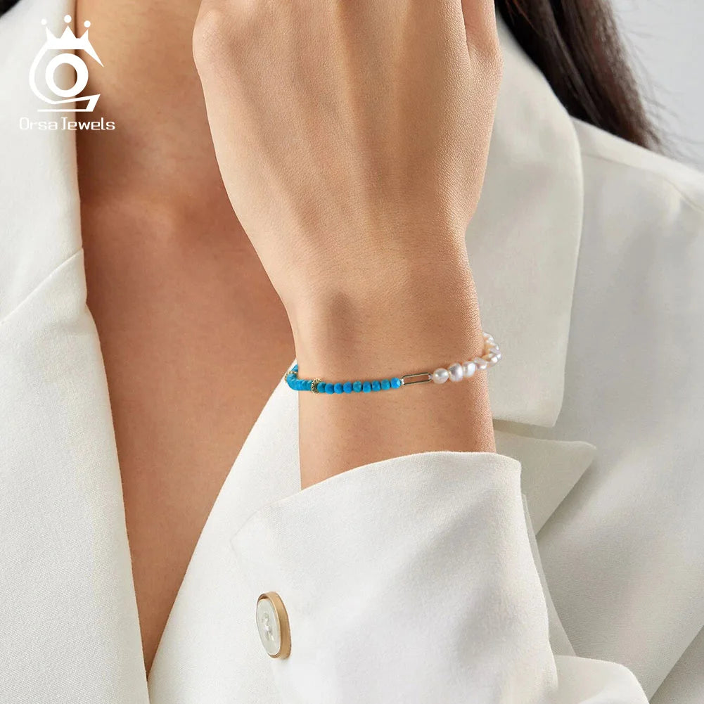 ORSA JEWELS 925 Sterling Silver Turquoise Beaded Bracelet Chain with Natural Pearls For Women Party Gift Luxury Jewelry MPB06