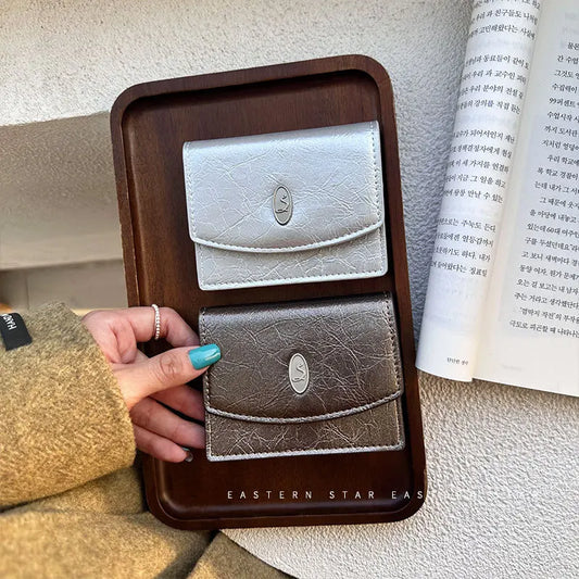 Silver Simple Card Holder Korean Luxury Design PU Leather Hasp Flip-Up Small Square Card Bag Females Girls Coin Purses Handbag