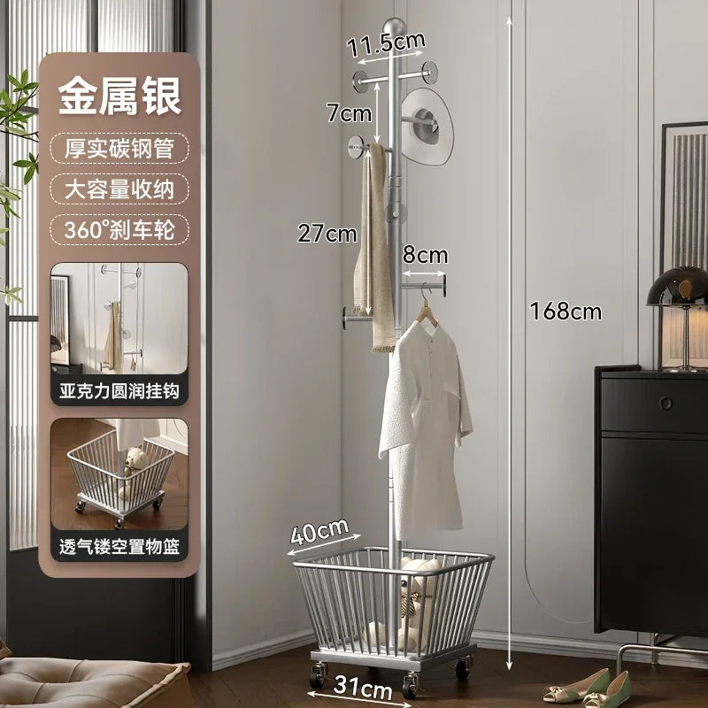 Standing Coat Rack with Basket, Entryway Coat Hanger Stand, Mobile Clothes Storage Rack with Wheels, Hallway