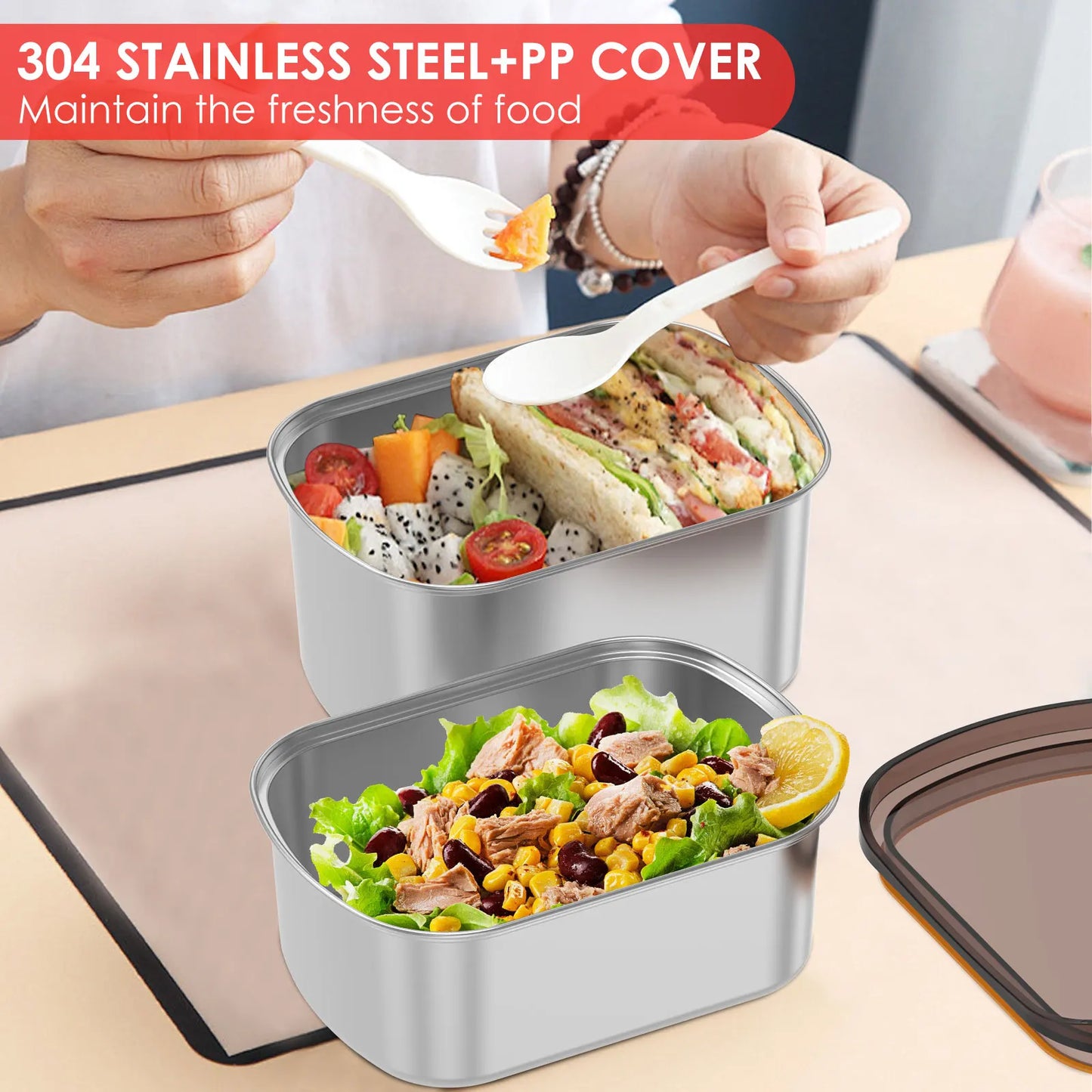 4Pcs Lunch Box Stainless Steel Bento Box Leakproof Pickle Boxes with Lid Refrigerator Food Container for Students Office Workers