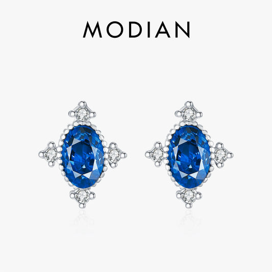 MODIAN 925 Sterling Silver Vintage Geometric Royal Crown Blue Zirconia Charming Stud Earrings For Women Party Fine Jewelry