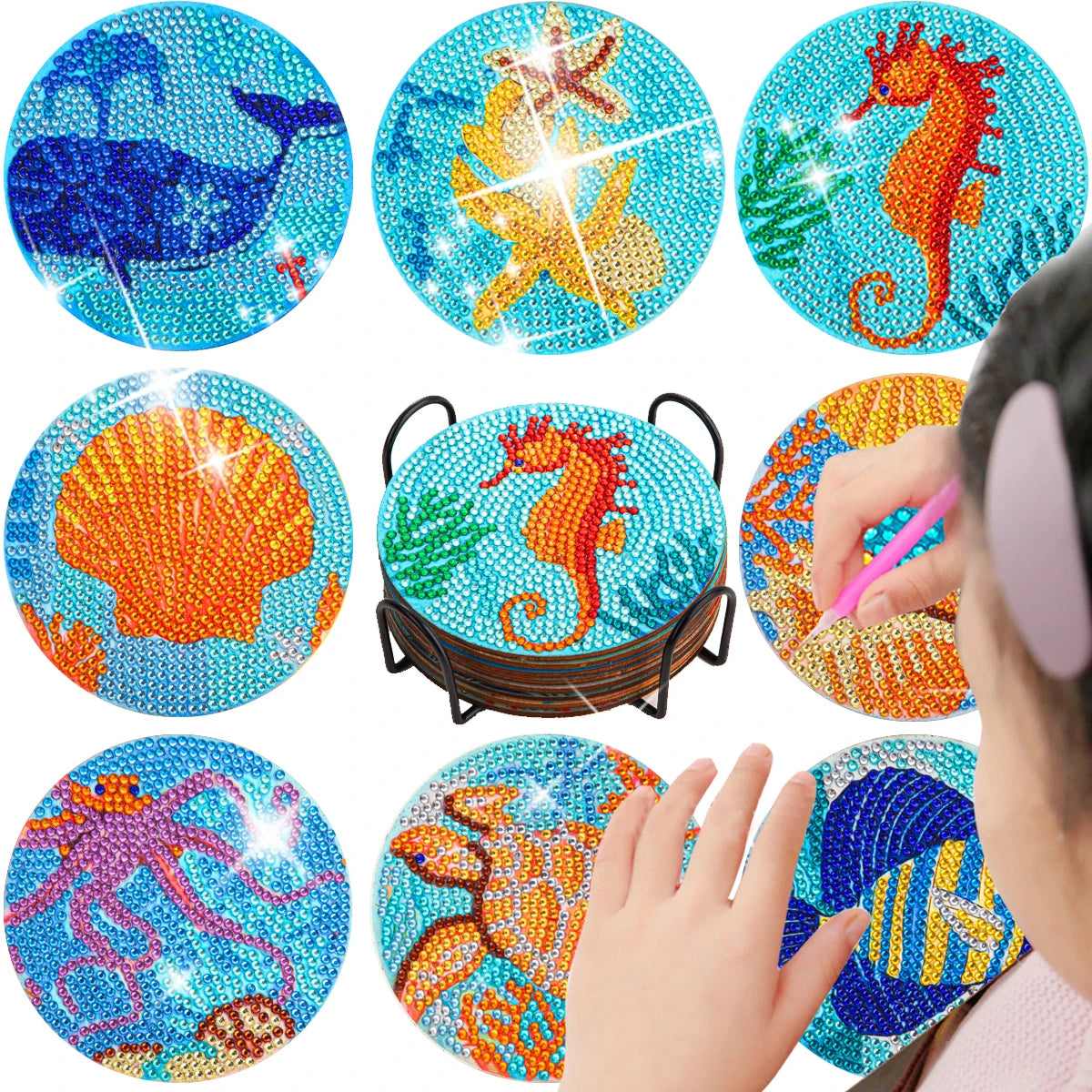 Hemasa 8pc/sets Mandala Diamond Painting Coasters  / Acrylic  Diamond Art Coasters