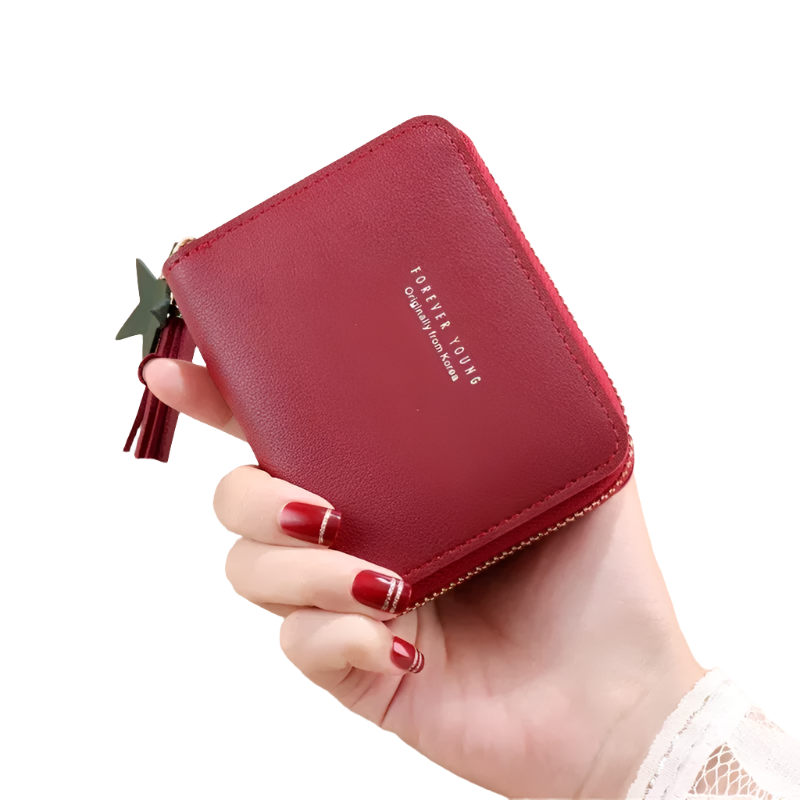 Hemasa PU Zipper Short Wallet Women Little Star Tassel Pendant Multi-card Slots Card Wallet Coin Purse