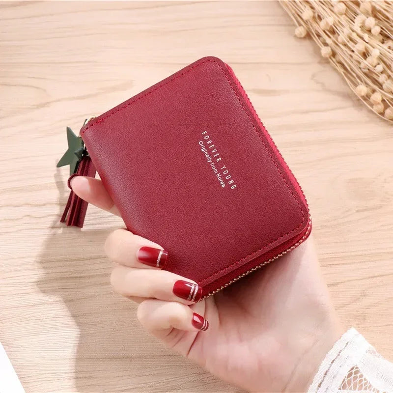 Hemasa PU Zipper Short Wallet Women Little Star Tassel Pendant Multi-card Slots Card Wallet Coin Purse