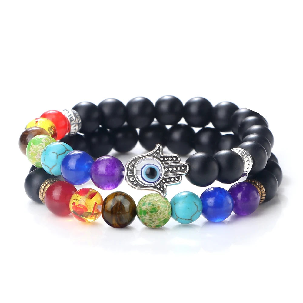 Heamsa 2pcs 7 Chakra Beaded Bracelets Set / Natural Tiger Eye Stone Black Lava Rock Lucky Evil Eye Bangles