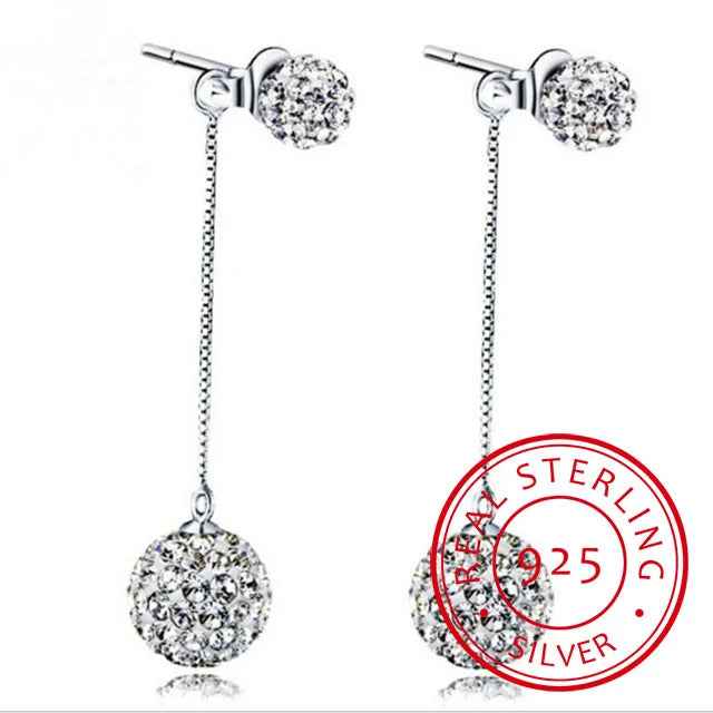 High Quality 925 Sterling Silver Rhinestone Earrings Double Crystal Ball Long Tassel Stud Earrings Brincos De Prata For Women