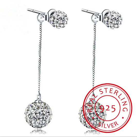 High Quality 925 Sterling Silver Rhinestone Earrings Double Crystal Ball Long Tassel Stud Earrings Brincos De Prata For Women