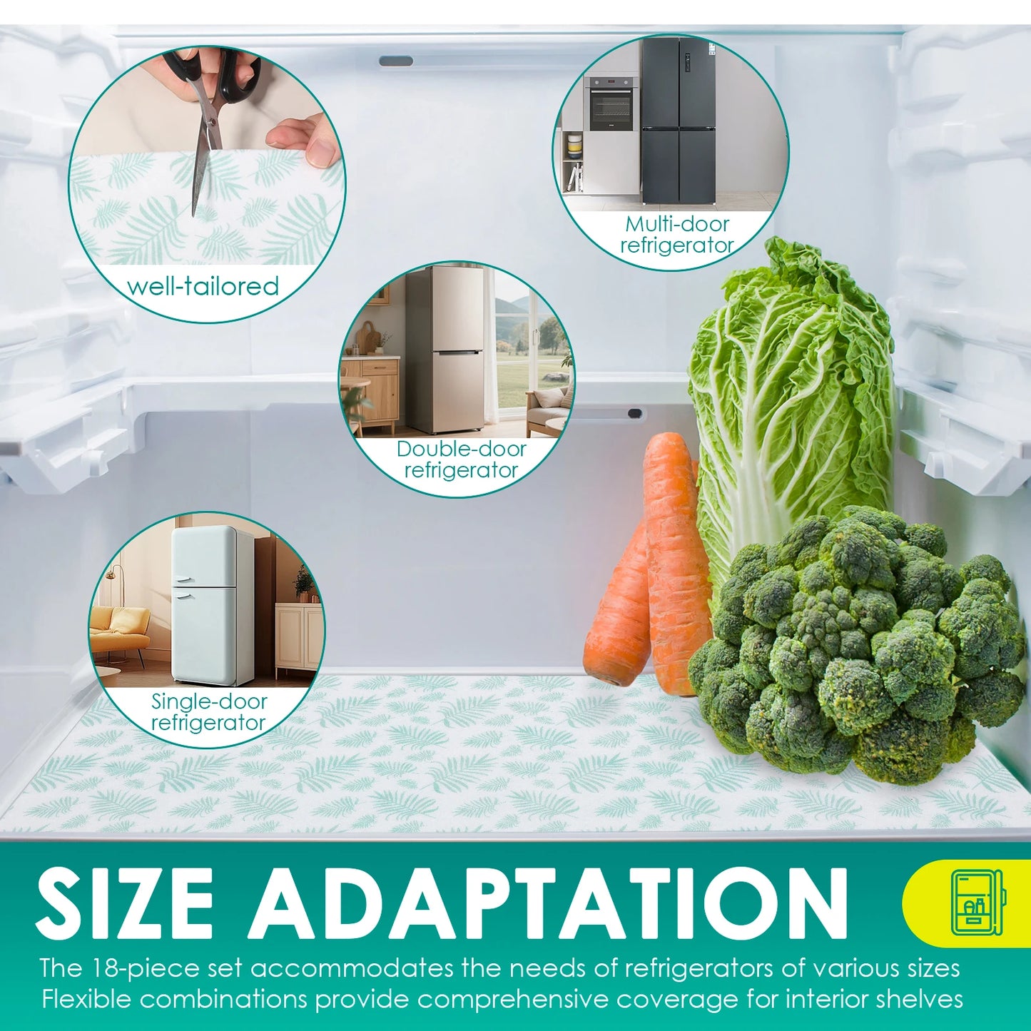 Tejesa Green Colour 18Pcs Refrigerator Liner Waterproof and Oilproof Fridge Shelf Liner with Convex Back Design for Home Kitchen Cabinet Pantry