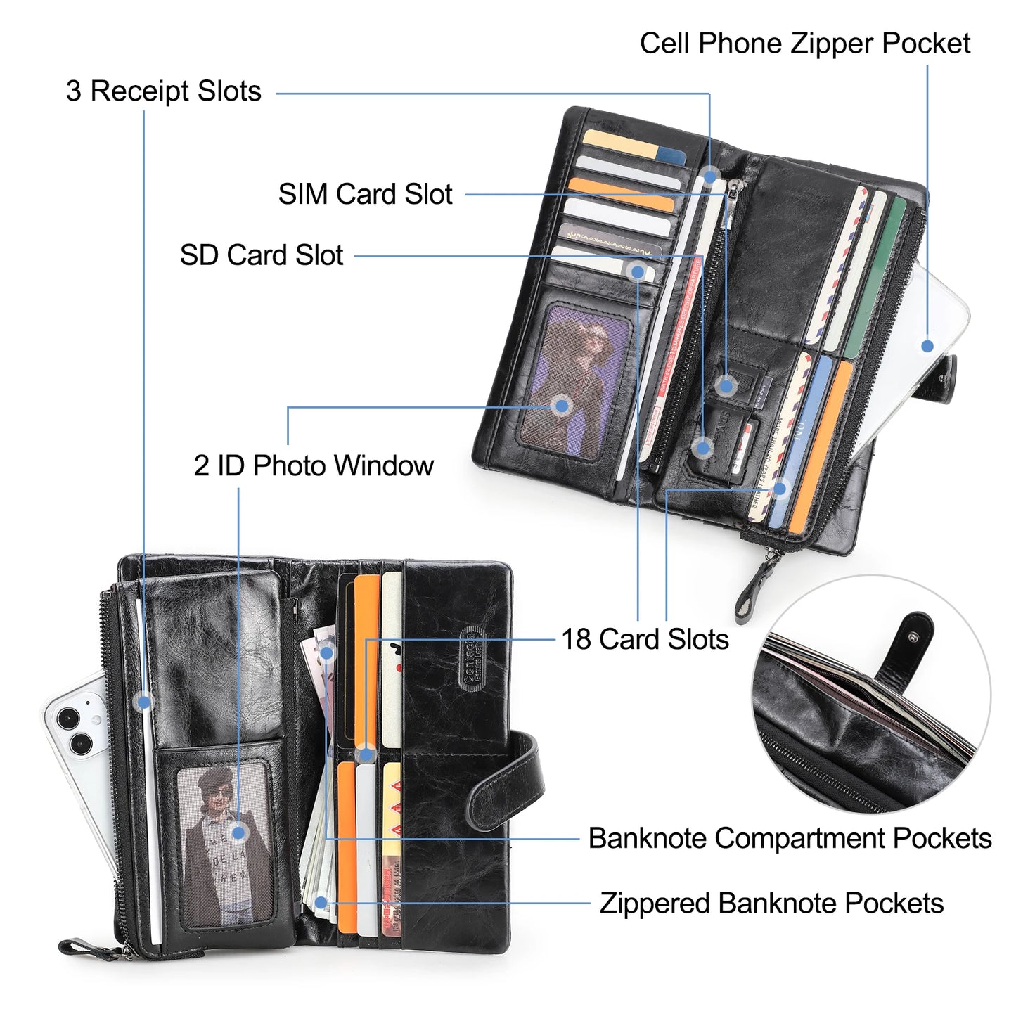 CONTACT'S Genuine Leather Men's Long Wallet With Phone Bag Zipper Coin Pocket Purse Male Clutch Wallets For Men Portfel Small