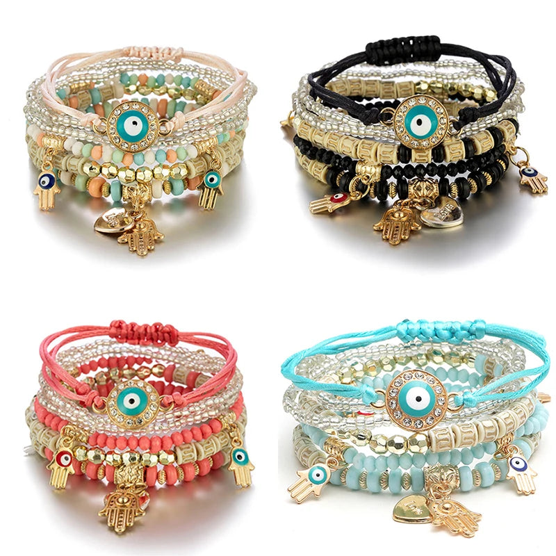 6Pcs Bohemian Evil Eye Bracelet Set For Women Fatima Hand Heart Charm Beaded Rope Chain Bangle Female Jewelry Gift