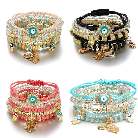 6Pcs Bohemian Evil Eye Bracelet Set For Women Fatima Hand Heart Charm Beaded Rope Chain Bangle Female Jewelry Gift