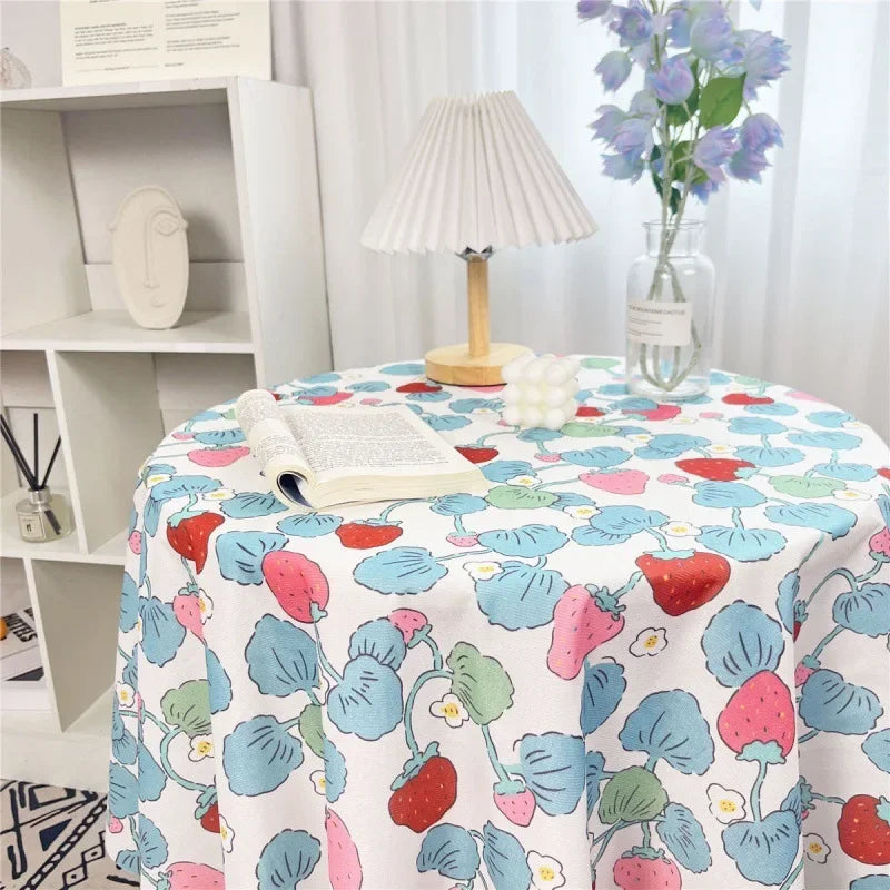 Korean Style Round Lattice Flower Tablecloth Floral Table Cloth for Dining Table Tea Coffee Table Cover Picnic Kitchen Decor