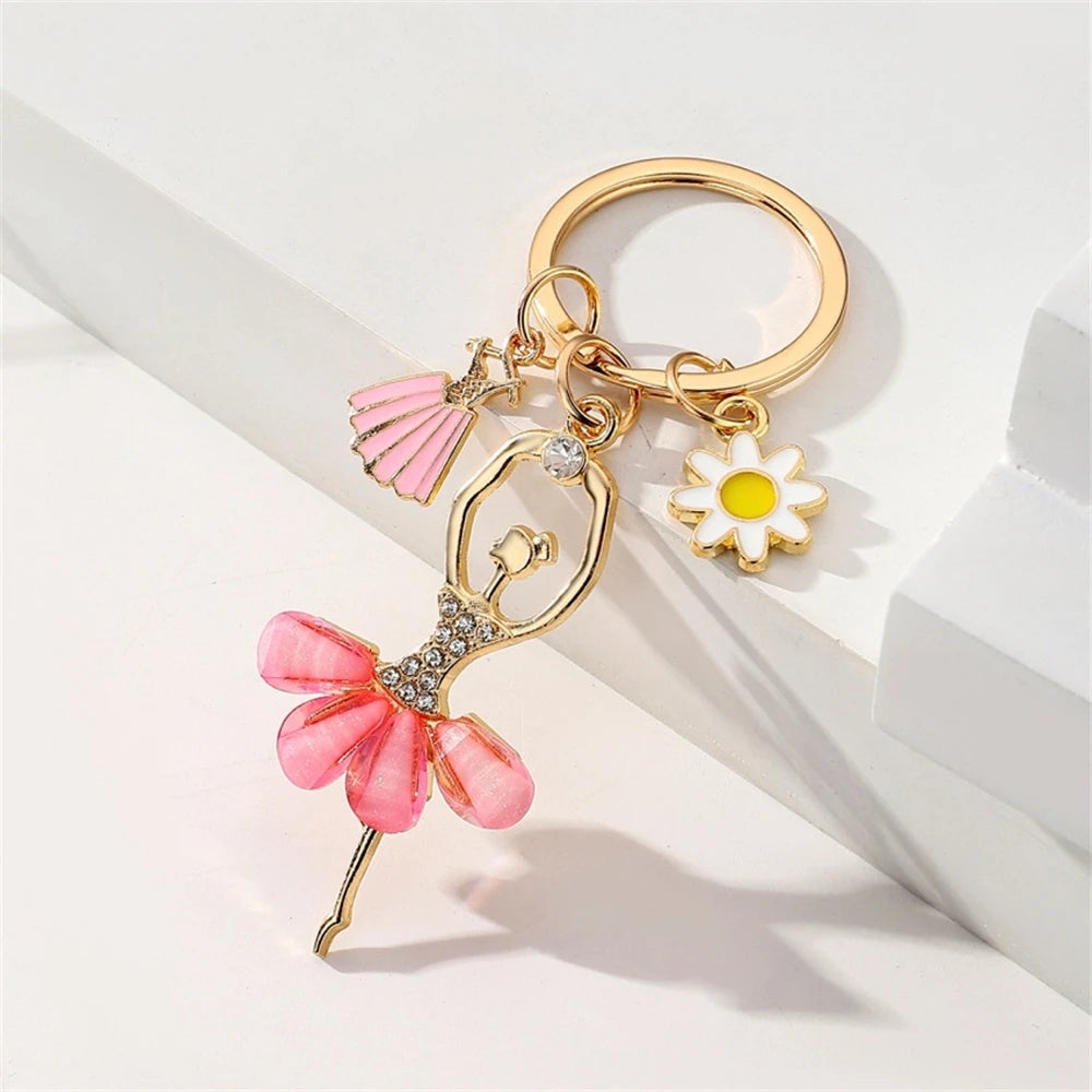 Cute Ballet Dancer Keychain Elegant Sunflower Ballerina Pendant Keyring Bag Charm Backpack Accessories Women DIY Jewelry Gift