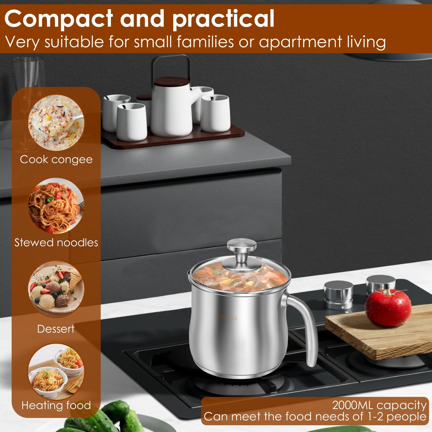 Tejesa 2000ml Saucepan Stainless Steel Pot High-capacity Kettle Home Cooking Pot for Baby Complementary Food Congee Noodles Dessert