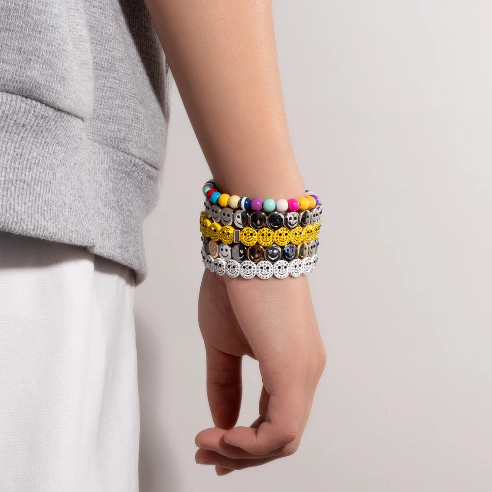 2024 New Gold Color Bangle Happy Elastic Bracelets For Women Beaded Accessory