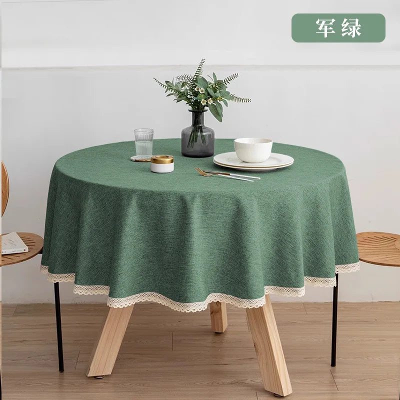 New Large Round Tablecloth Solid Color Cotton Linen Waterproof Table Cloth Oil-Proof Table Cover for Kitchen Garden Restaurant