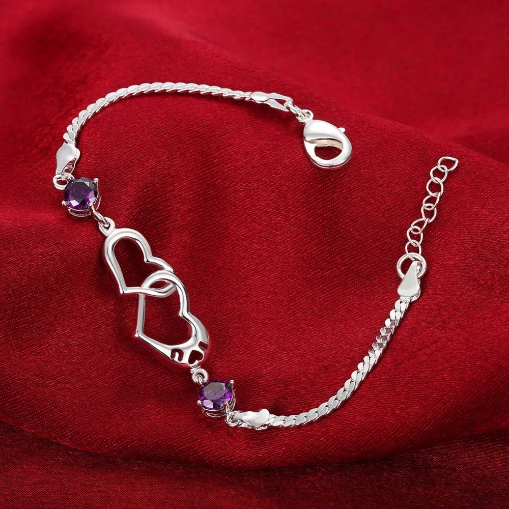 Lekani 925 Sterling Silver Double Heart Charm Bracelet For Women Fine Jewelry Purple Zirconia Pulseras Wedding Gift