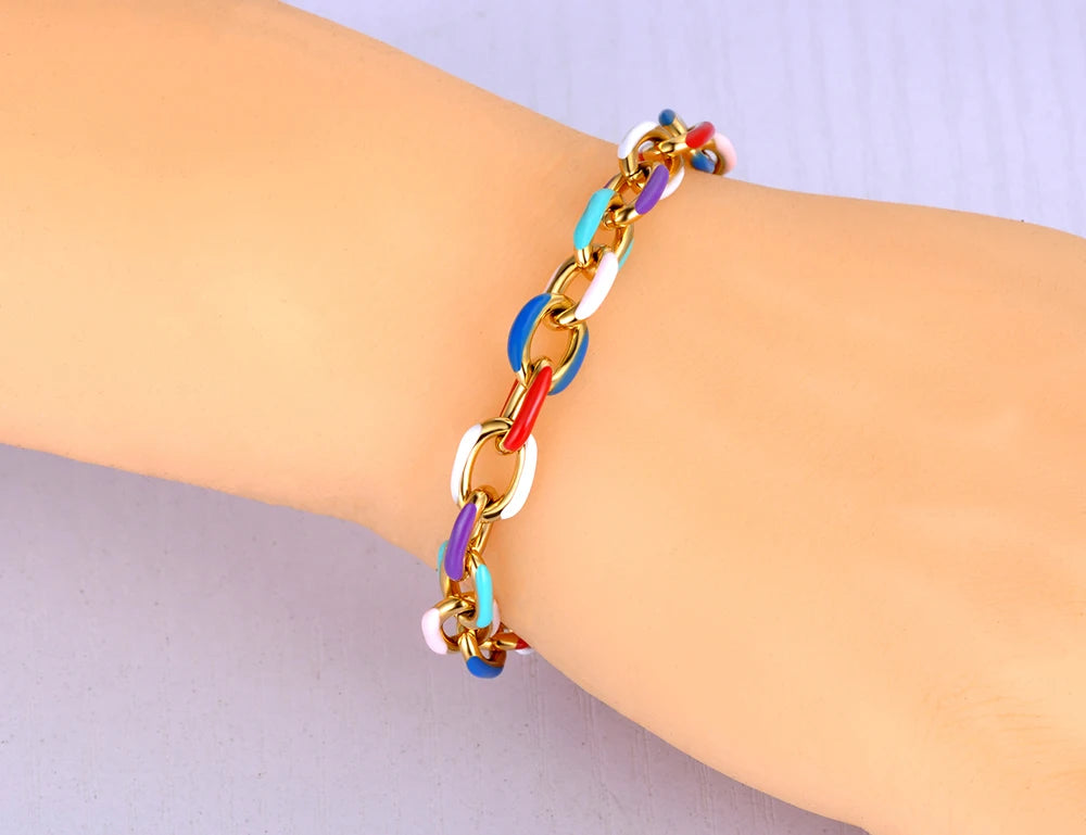 Hemasa Stainless Steel Chain & Link Bracelet Trendy 18k Gold Plated Colorful Glazed Charm Bracelet For Women JB22038
