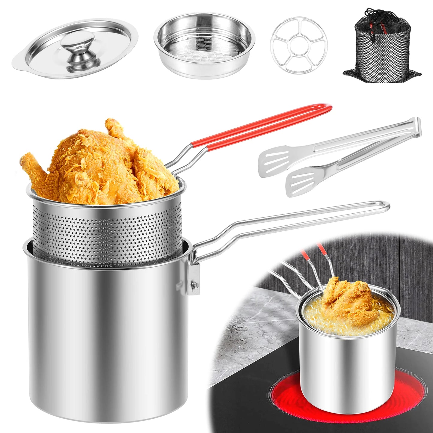 Tejesa Deep Fryer Pot with Strainer Basket Stainless Steel Oil Fry Pot Oil Filter Container for French Fries Chicken Wings Fish Shrimp