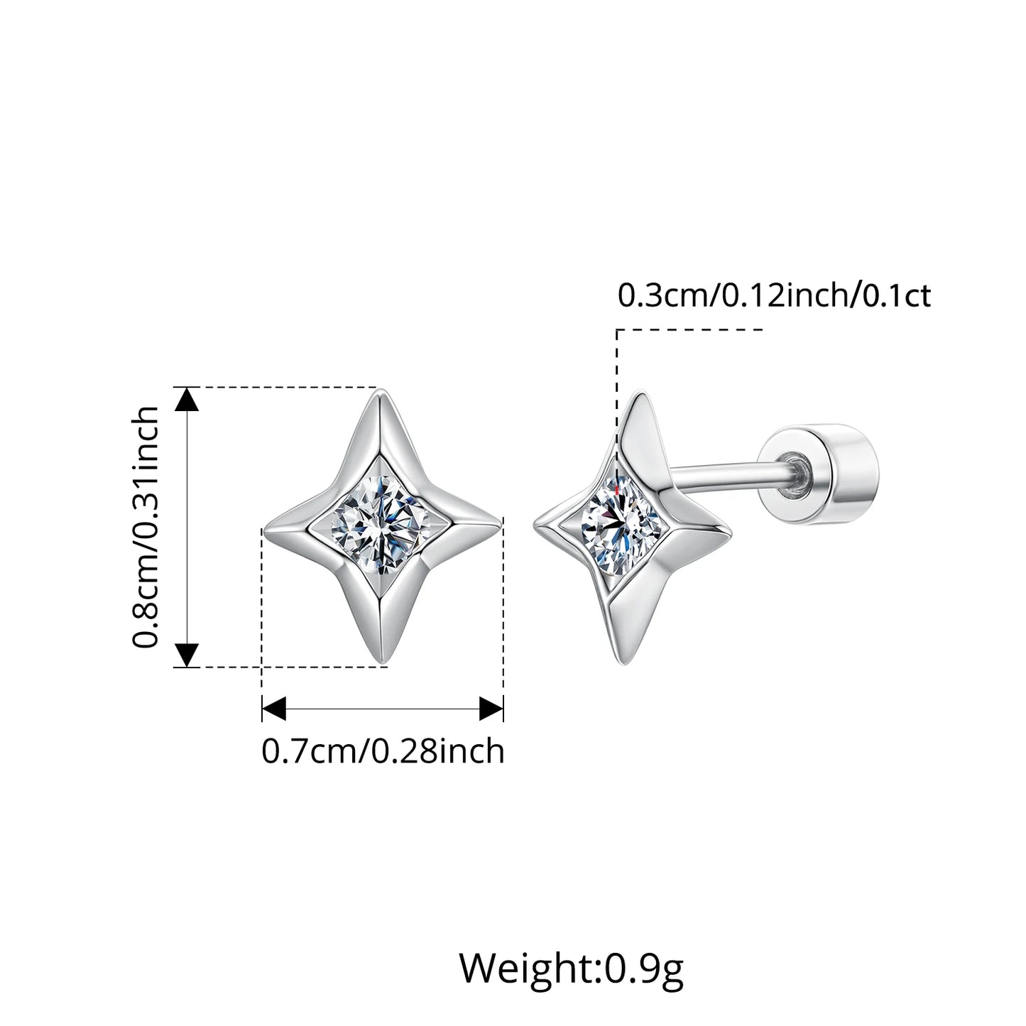 BAMOER Starlight Moissanite Screw-back Earrings, Mini Starburst Round Cut Lab Created Diamond for Women Engagement Gift S925