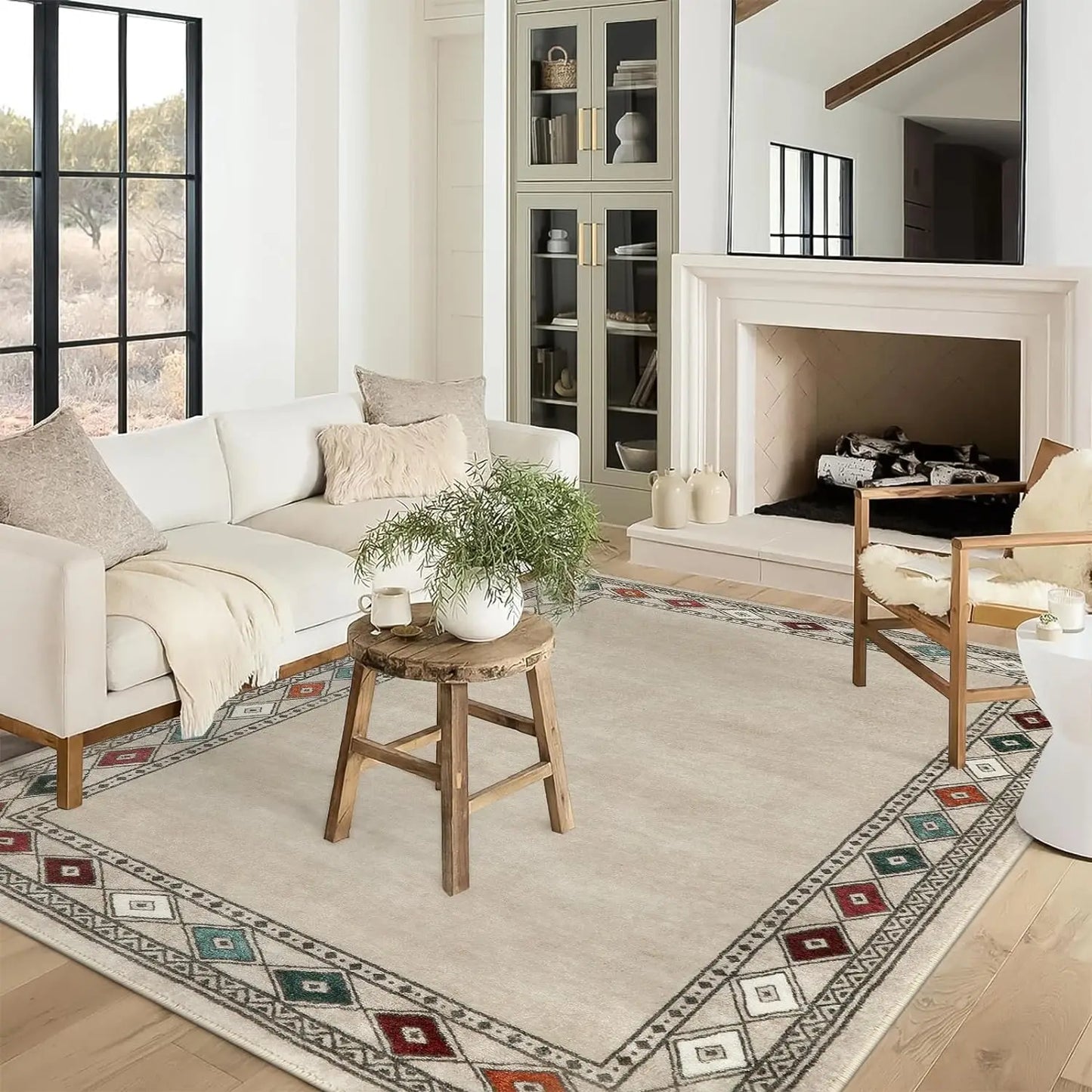 Modern Beige Bordered Washable Area Rugs Non Slip Living Room Carpet Sofa Table Large Area Rugs Bedroom Bedside Floor Mat Decor