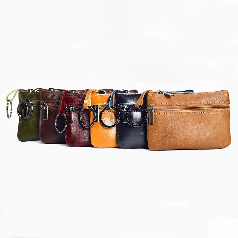 Genuine Leather Small Coin Purse Wallet Ladies Multi-function Card Holder Key Bag Vintage Zipper Coin Bag with Wrist strap