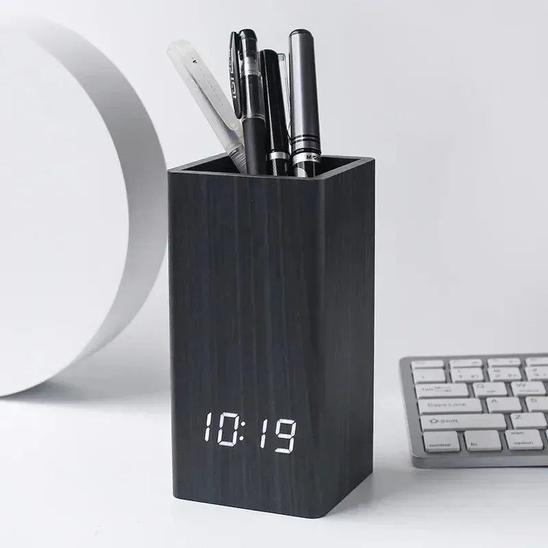 Tejesa Pencil Organizer Pen Holder Alarm Creative Simple Desktop Wooden Clock  Led Time Temperature Date Display Clock Home Decor