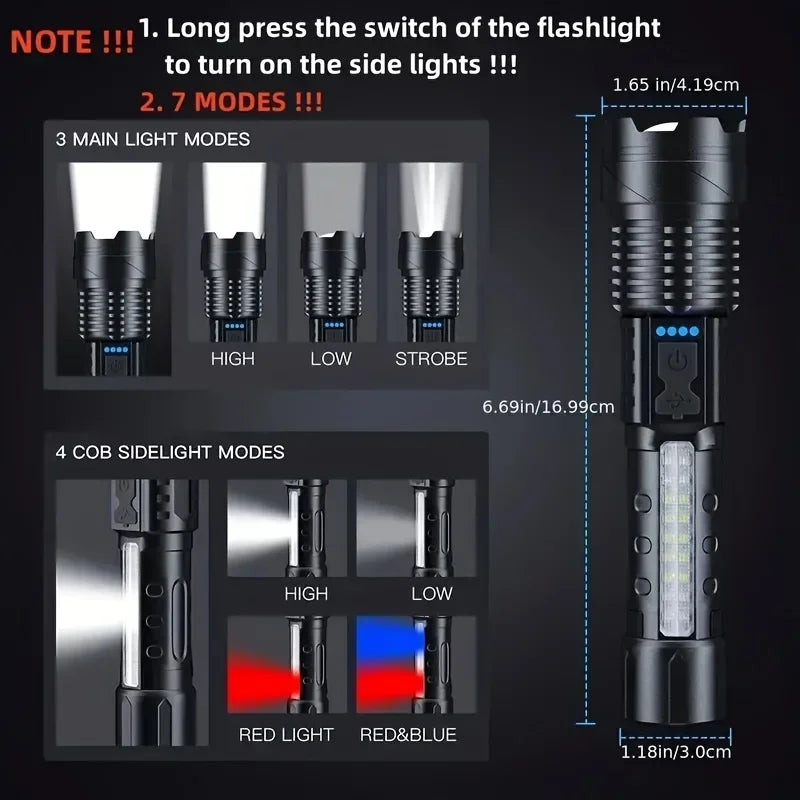 Super Bright LED COB Flashlight USB Rechargeable Torch with 7 Lighting Modes Telescopic Zoom Lantern for Outdoor Camping Hiking