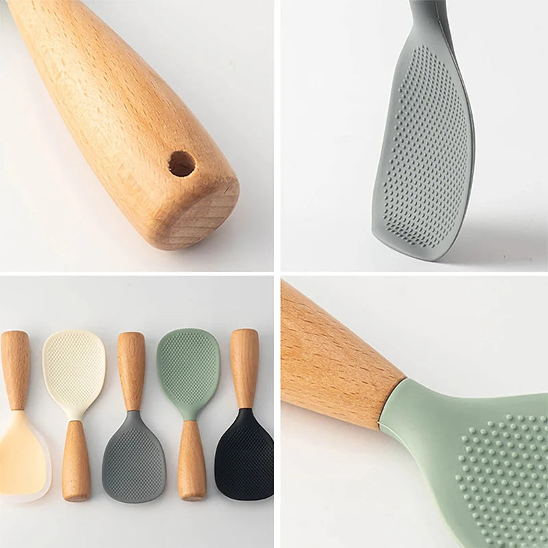 Hemasa 1Pc Silicone Wooden Handle Rice Spoon High Temperature Resistant Non Stick Rice Spoon
