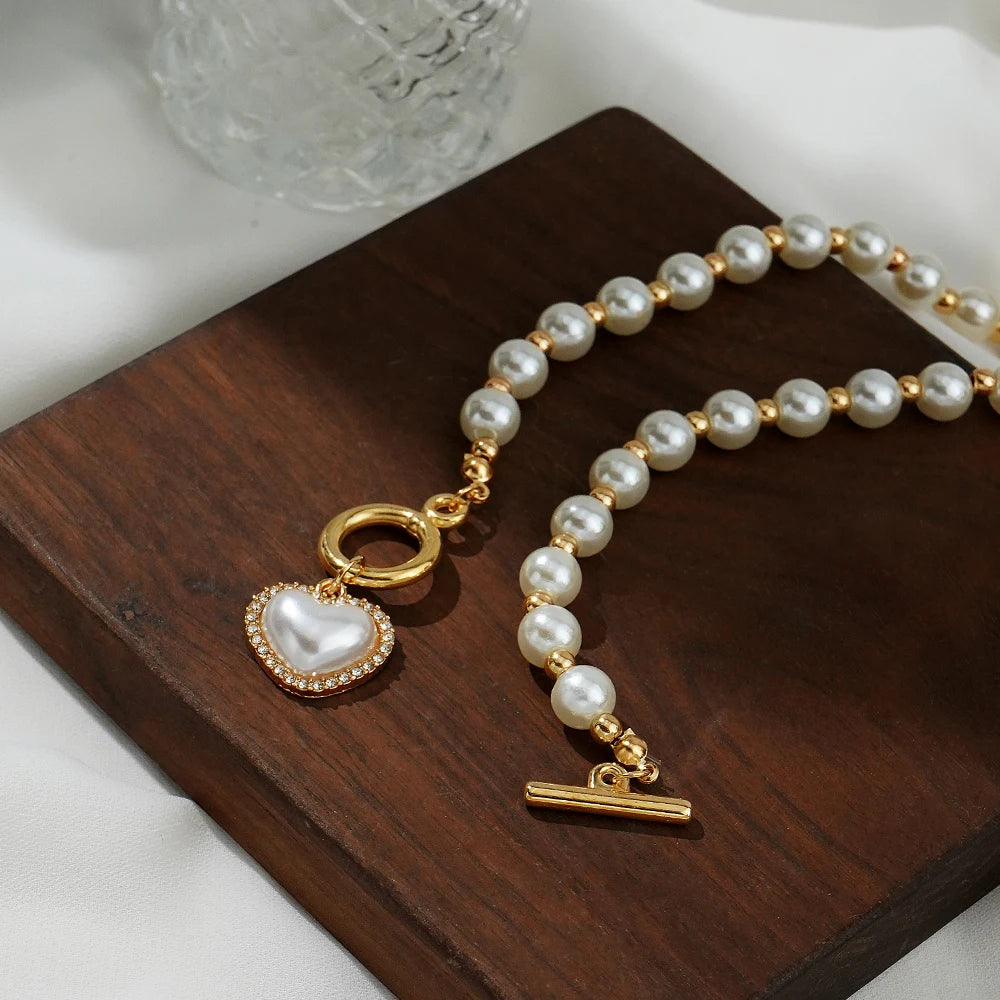 Hemasa Heart Pendant Round Pearl Golden Bead Chain Necklace for Women