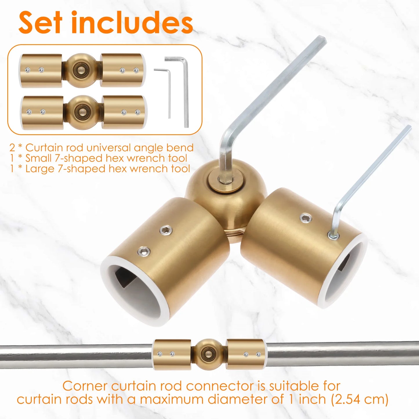 2Pcs Curtain Rod Corner Connector 90° to 180° Adjustable Angle Hinged Elbow Curtain Rod Connector 1Inch Window Curtain Connector