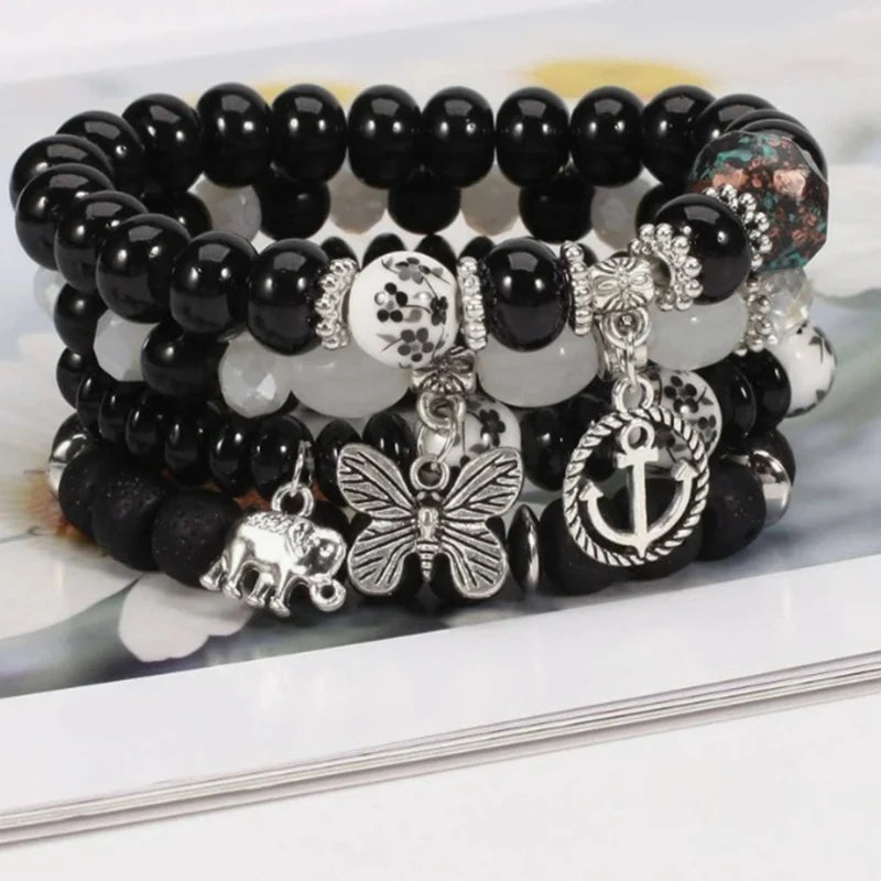 Fatima Cross Evil Eyes Charm Glass Beads Bracelets Set Purple Black PInk White Beaded Women Fashion Protect Jewelry Set