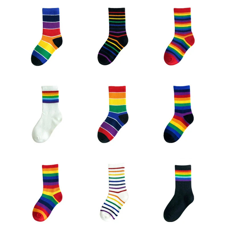 Children Socks Cotton Colourful Stripe Stockings Fashion Rainbow Print  For Girls Boys Crew Ankle Kids Long Socks
