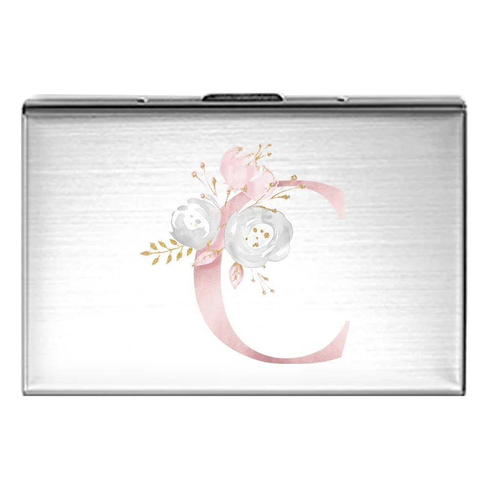 Tejesa Metal Business Card Holder - Slim Pocket Business Card Case for Unisex /Stainless Steel IC Cards /Pink Flower Print Series
