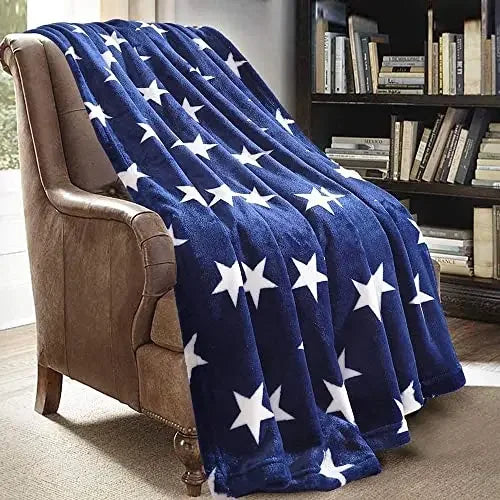 Hemasa Star Flannel Throw Blanket Blue and White Colour Air Conditioning  for All Seasons Couch Sofa Living Room King Queen Size