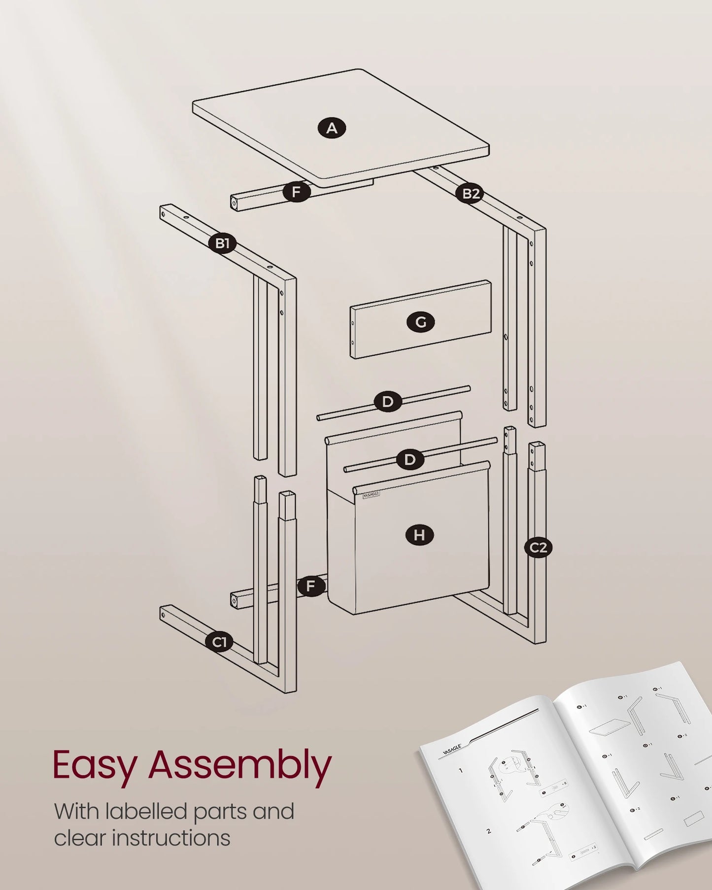 VASAGLE C-Shaped Side Table, Bedside Table, End Table for Small Spaces, with Fabric Storage Bag, Includes Adjustable Feet