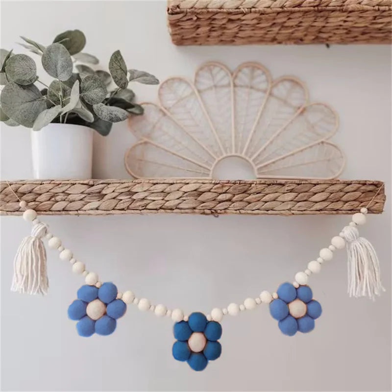 Bohemian Wool Felt Daisy Flower String Wooden Beads Garlands Baby Kids Room Wall Hanging Home Decor Nursery Decor Photo Props