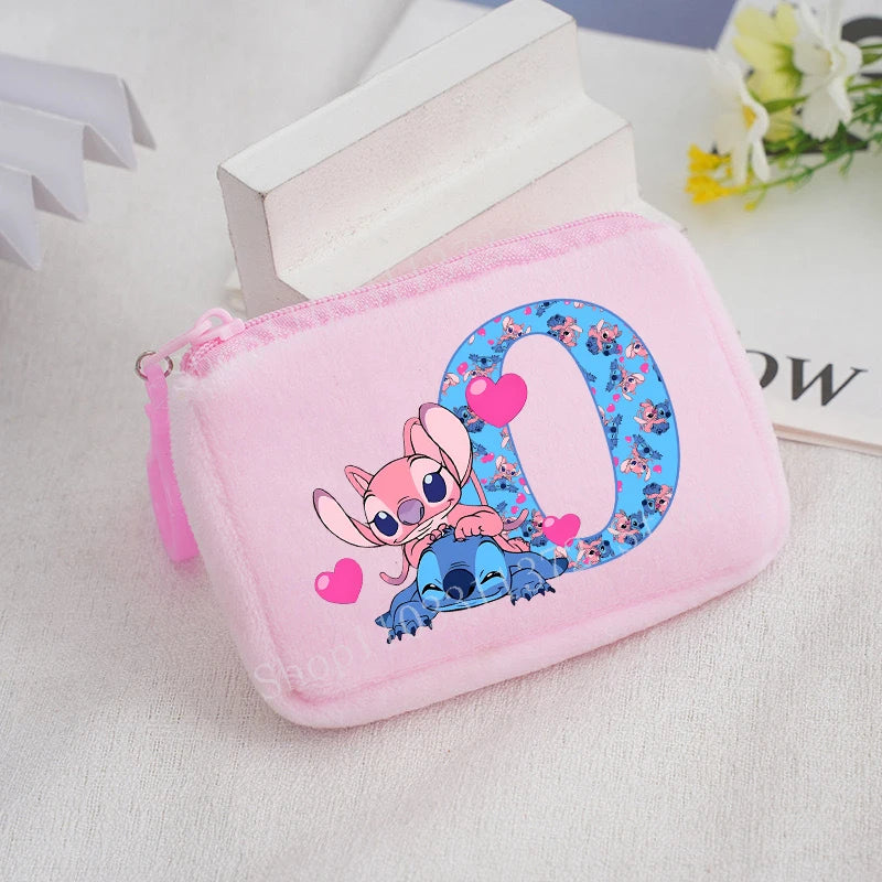 Disney Stitch Plush Coin Purse Cute Anime Cartoon A-Z Letter Stich Printed Wallet Kawaii Girls Earphone Storage Zipper Bag Gifts