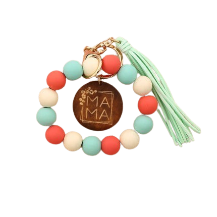 Hemasa Silicon Beads MAMA Monogram Wood Blank Wooden Disc Bracelet Tassel Keychain Wristlet Gift for Her Key Ring